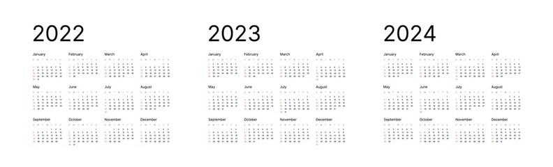 Monthly calendar template for 2022, 2023 and 2024 years. Week Start on Sunday. Wall calendar in a minimalist style. - obrazy, fototapety, plakaty
