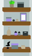 Four shelves with different little things. Flat home interior illustration. Modern vector picture. Design for postcards, posters, backgrounds, textiles, individual design elements.