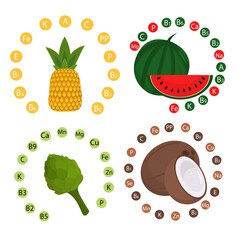 vector illustration of coconut, pineapple, artichoke and watermelon. On the topic of proper and healthy nutrition. Foods rich in vitamin C and B vitamins.