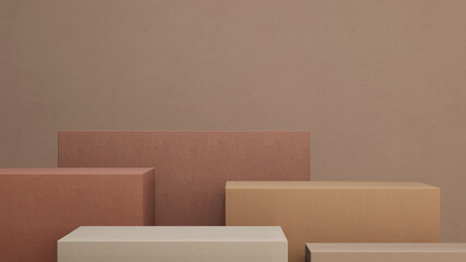 Minimal abstract podium mock up design for product presentation background or branding concept with beige, earth tones colorful cube boxes and brown wall color, 3D render, 3D illustration, Rendering.