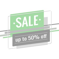 Discount banner template. Text Sale, up to 50% off. Light green, gray rectangles and stripes on a white background. Special offer, promotion, advertising design. Flat style. Vector illustration.