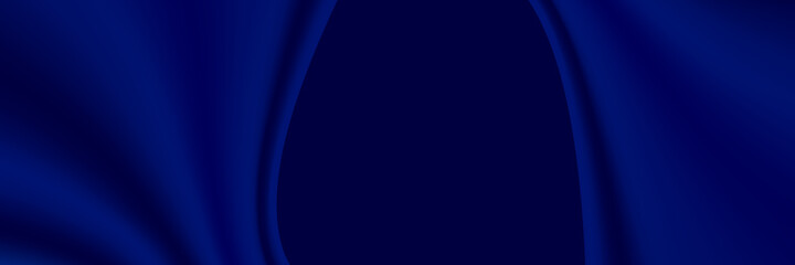 Obraz premium Blue silk luxury background. Deep blue satin fabric texture with curtain drapery and golden glowing border line. Luxurious abstract backdrop for banner or poster. Vector illustration 