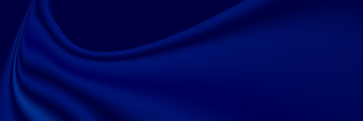 Blue silk luxury background. Deep blue satin fabric texture with curtain drapery and golden glowing border line. Luxurious abstract backdrop for banner or poster. Vector illustration 