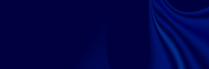Blue silk luxury background. Deep blue satin fabric texture with curtain drapery and golden glowing border line. Luxurious abstract backdrop for banner or poster. Vector illustration 