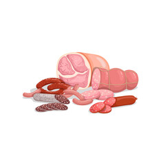 Meat and sausages. Ham, salami, boiled and dried sausages. whole and sliced. Cartoon style. Meat market vector illustration. For menu and packaging.