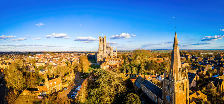 The aerial view of the cathedral of Ely, a city in Cambridgeshire, England