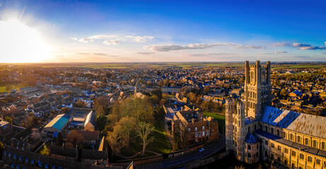 The aerial view of the cathedral of Ely, a city in Cambridgeshire, England
