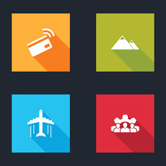 Set Contactless payment, Mountains, Plane and Project team base icon. Vector.