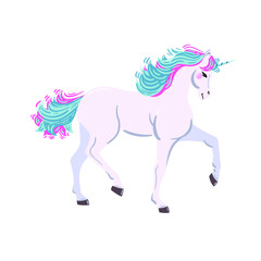 Fototapeta na wymiar Beautiful white unicorn with pink and blue hair isolated on white. Vector unicorn illustration. 