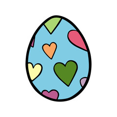 Colorful Doodle Easter Egg with hearts on white silhouette. Hand drawn cartoon style, decoration for any design. Vector illustration of kid and holiday. 
