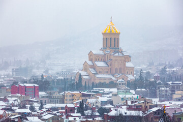 Holy Trinity Cathedral of Tbilisi covered with snow