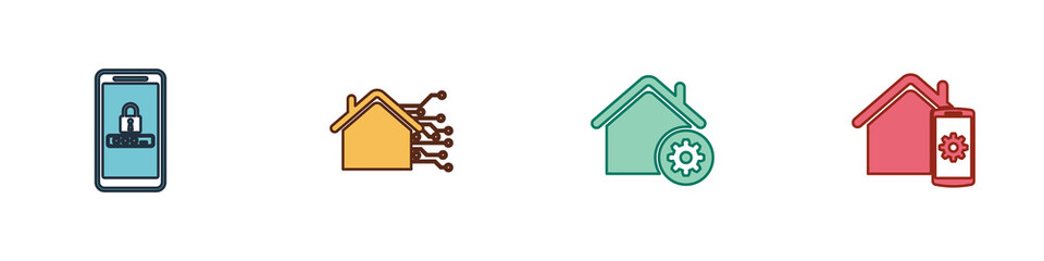 Set Mobile and password protection, Smart home, settings and remote control system icon. Vector.