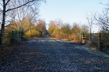 A disused railway track on a frosty winter morning