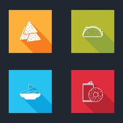 Set Nachos, Taco with tortilla, in plate and Aluminum can soda and donut icon. Vector.