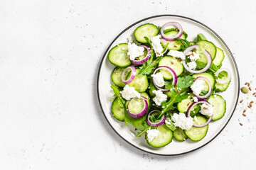 Classic cucumber salad. Space for text, top view.