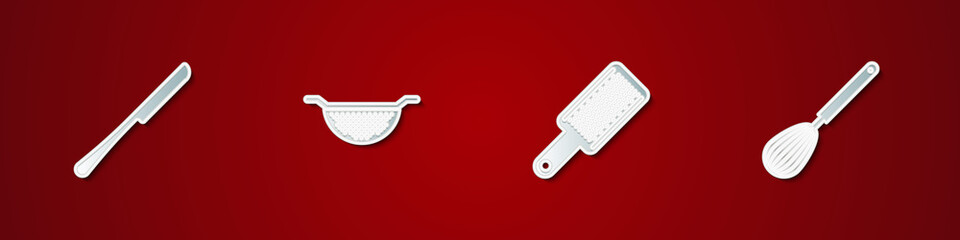 Set Knife, Kitchen colander, Grater and whisk icon. Vector.