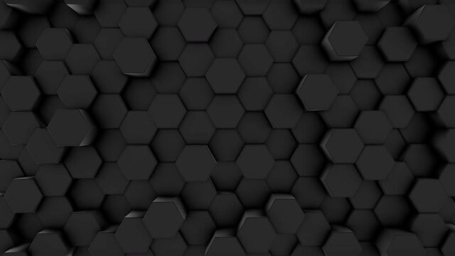 Move the camera to the left. Black futuristic prism hexagons, bee combs, six, movement on a minimalistic background. The concept of design and technology. 3d animation