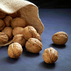 Walnuts in a bag on a dark background.