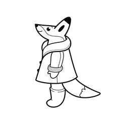 Fairytale animal characters - good fox in coat. Outline vector illustration, coloring book for kids.