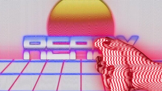 Modular groovy vaporwave style: playing a videogame with a joystick, over a screen showing a futuristic sun on a grid with the text Ready.
