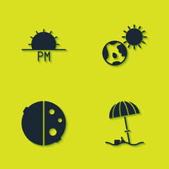 Set Sunset, protective umbrella for beach, Eclipse of the sun and Earth globe and icon. Vector.