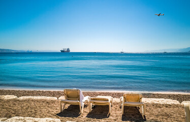 Morning at central public beach in Eilat - famous tourist resort and recreational city in Israel