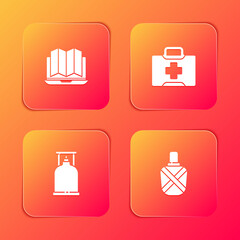 Set Location of the forest in laptop, First aid kit, Camping gas stove and Canteen water bottle icon. Vector.