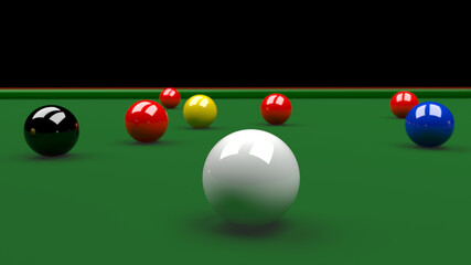 Colored balls for playing snooker on a green cloth of a billiard table