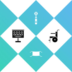 Set Eye test chart, Medical protective mask, Electric toothbrush and Wheelchair for disabled person icon. Vector.
