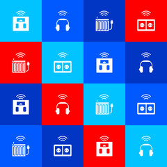 Set Smart bathroom scales, headphones, heating radiator and electrical outlet icon. Vector.