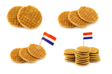 traditional Dutch mini  waffles called "stroopwafels" and some with a Dutch flag toothpick on a white background