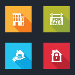 Set House, Hanging sign with For Sale, Realtor and under protection icon. Vector.