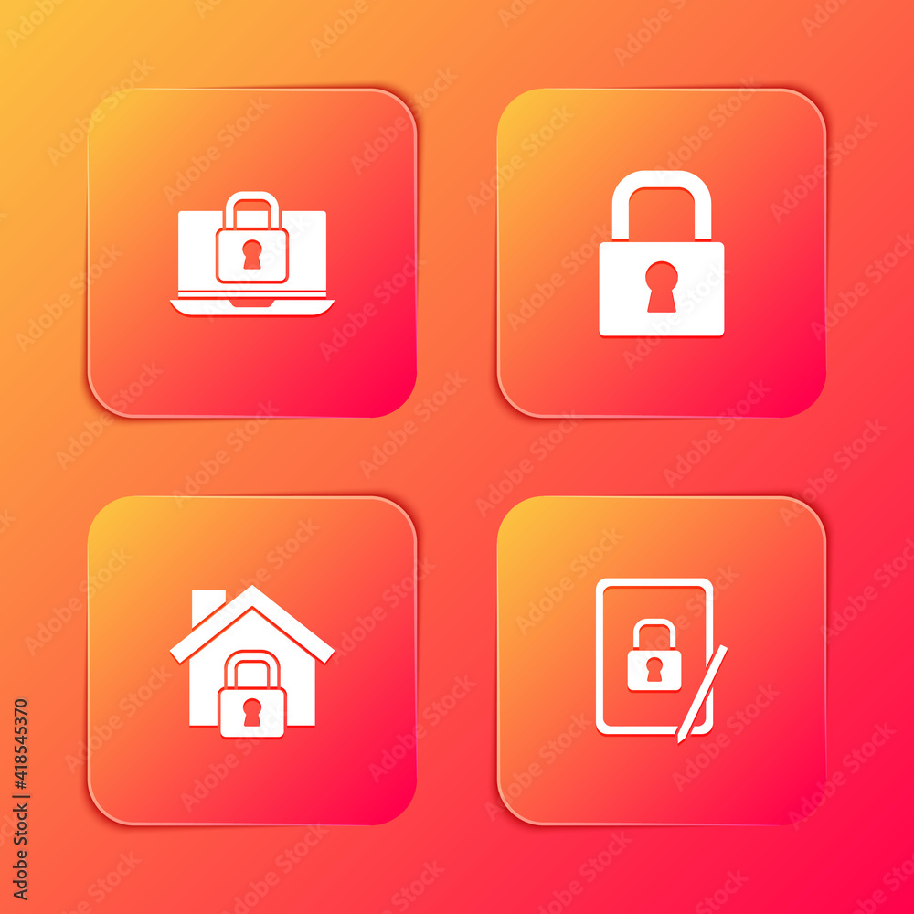 Sticker Set Laptop and lock, Lock, House under protection and Tablet with closed padlock icon. Vector.