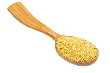 Millet in a wooden spoon isolated on white background. Healthy boiled porridge. File contains clipping path.