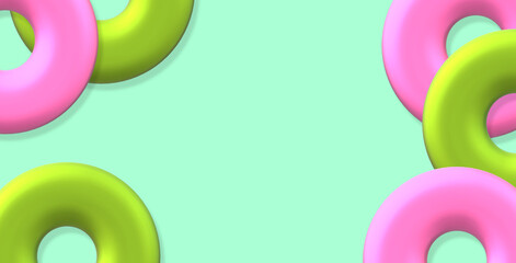 Colorful and fun hollow circles, with a hole, in colors. 3d illustration of nice geometric shapes for background. Design elements with space to copy paste text, design or logo.