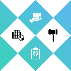 Set House with shield, Document, Delivery insurance and Judge gavel icon. Vector.