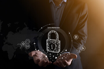 Cyber security network. Padlock icon and internet technology networking. Businessman protecting data personal information on tablet and virtual interface. Data protection privacy concept. GDPR. EU