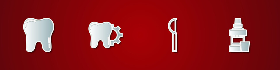 Set Tooth, treatment procedure, Dental floss and Mouthwash bottle icon. Vector.