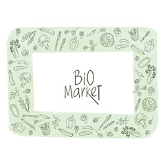 Bio market sign with green outline vegetables frame. Handwritten lettering fresh font. Vector stock illustration isolated on white background. EPS10