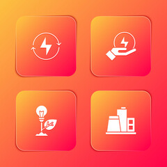 Set Lightning bolt, , bulb with leaf and Factory icon. Vector.