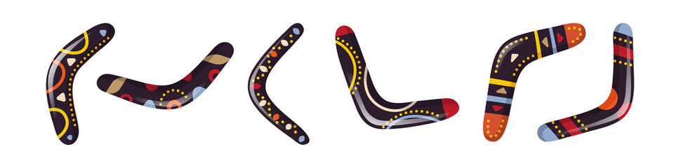 Multi-color beautiful set of boomerangs. Weapons for hunting. Throwing weapons. Vector illustration on a white background. - obrazy, fototapety, plakaty