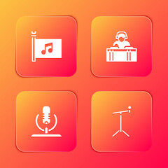 Set Music festival flag, DJ playing music, Microphone and with stand icon. Vector.