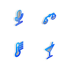 Set Isometric line Scales of justice, Microphone, Thermometer and Martini glass icon. Vector.