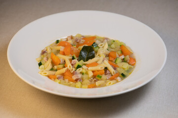 Fresh Vegetable soup and pasta in a white bowl , France