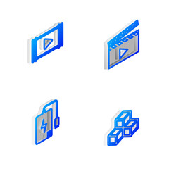 Set Isometric line Movie clapper, Play Video, Power bank and Isometric cube icon. Vector.