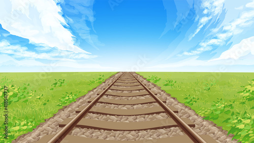 まっすぐな線路と草原の風景 背景イラスト 秋 16 9 Canvas Print ふわぷか