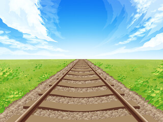まっすぐな線路と草原の風景_背景イラスト_秋