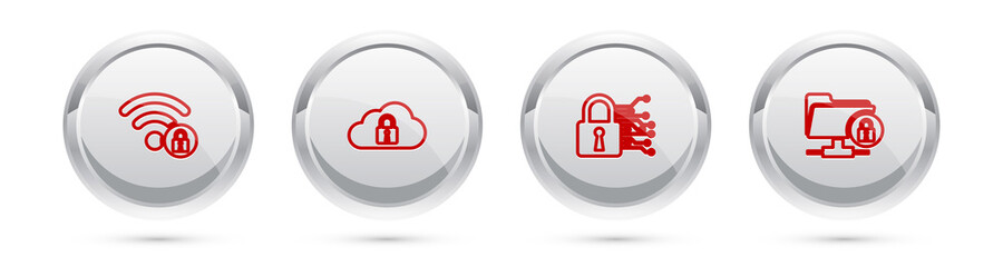 Set line Wifi locked, Cloud computing, Cyber security and FTP folder and. Silver circle button. Vector.