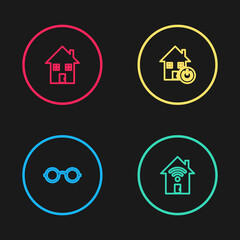 Set line Glasses, Smart home with wi-fi, and House icon. Vector.