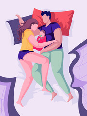 Young parents and infant sleeping in bed together. Family with little baby. Mom and dad hugging newborn. Night rest. Top view illustration. Cartoon style vector.